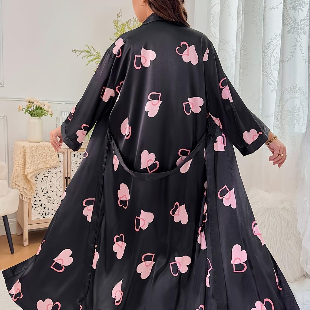 New love printed nightgown women's large size long simulated silk lace-up sexy simulated silk loungewear morning gown