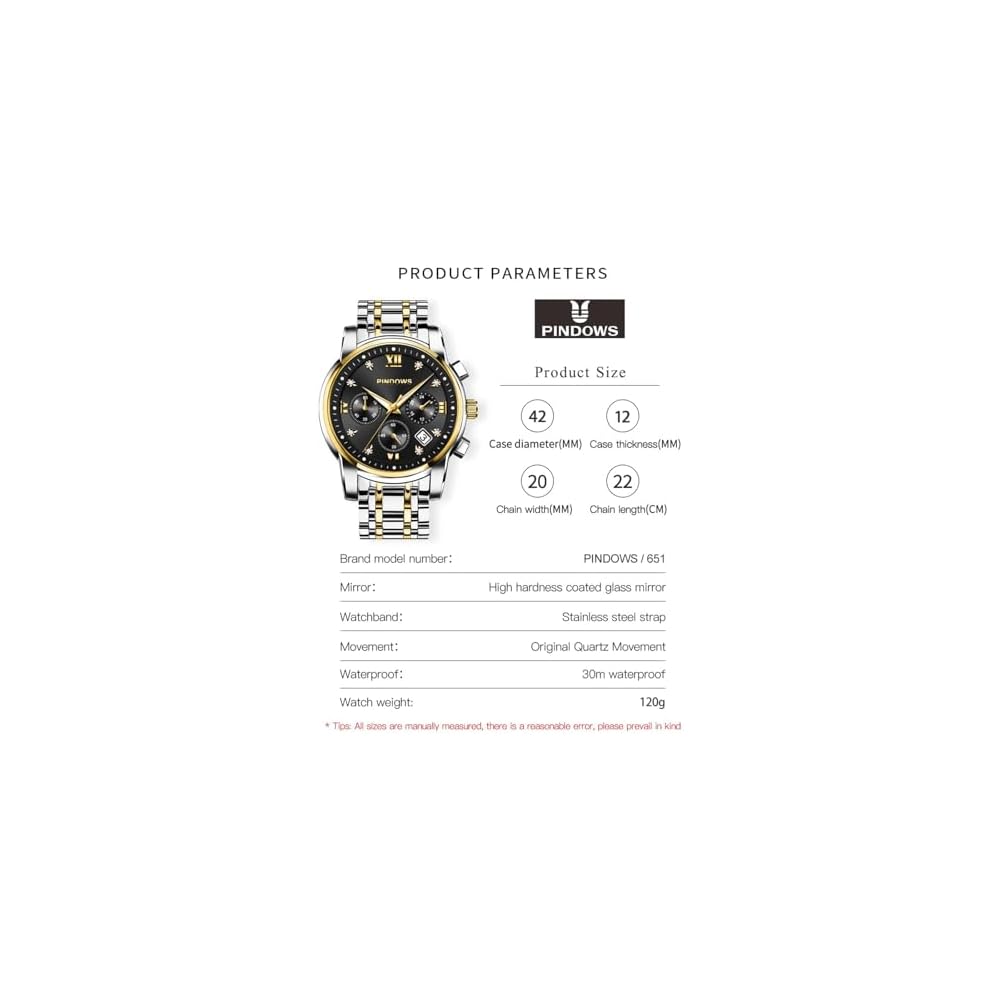 PINDOWS Men's Diamond Business Dress Analog Quartz Watch Waterproof Luminous Date Two-Tone Stainless Steel Band Classic Fashion Watch