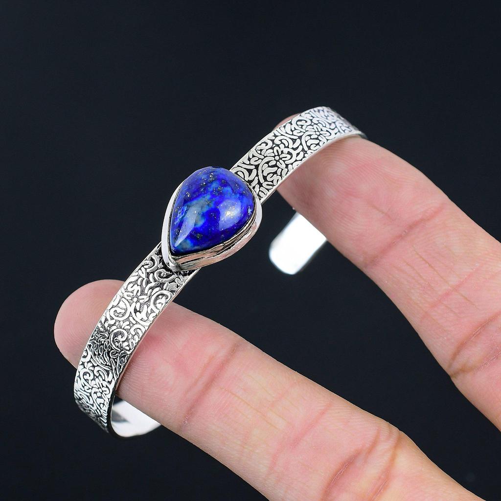 Pear Lapis Lazuli Gemstone Art Deco Wedding Anniversary Unique Bangle 925 Silver