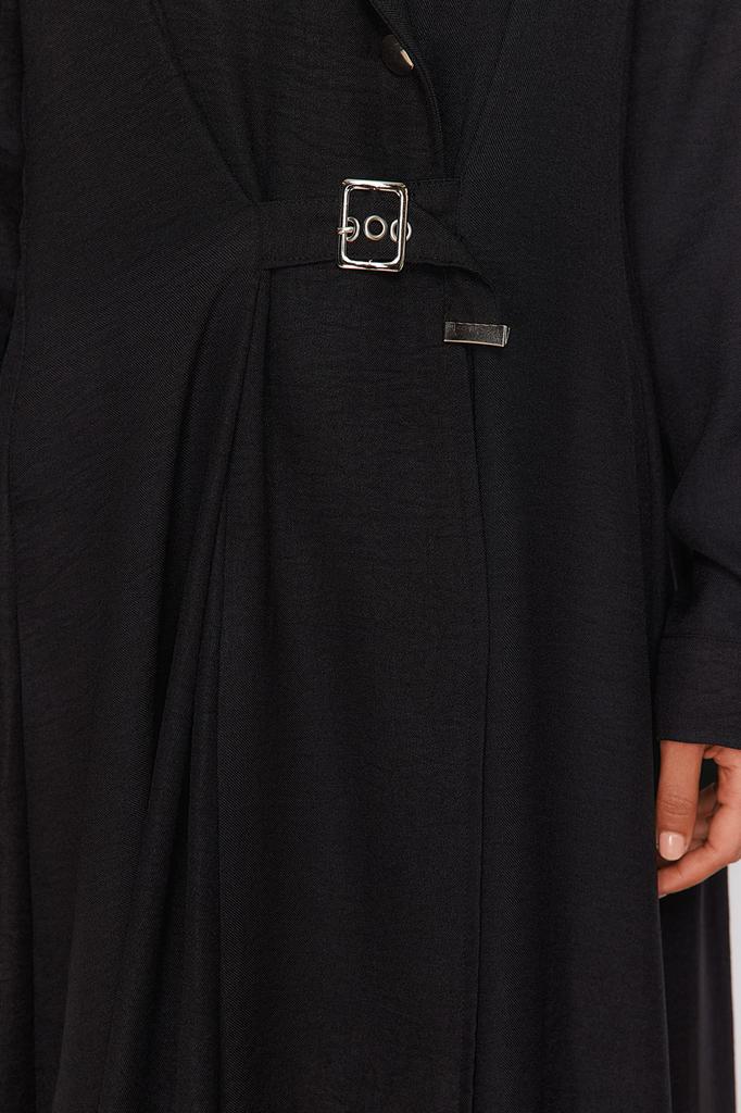 Women's Fashion New Hijab Dress Black Linen Look Woven Dress with Belt Detail on the Front