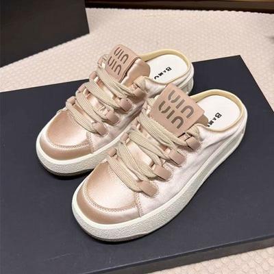 Zapatillas de media punta con suela gruesa de primera calidad para mujer, calzado de exterior, primavera y verano, nuevo, con cordones, de satén, versátiles, zapatillas deportivas
