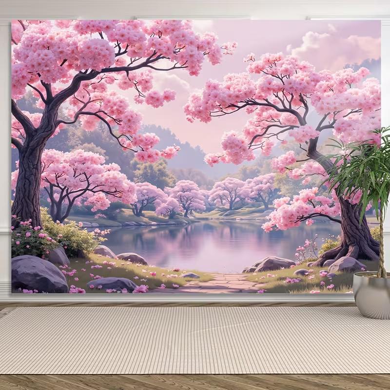 

2D Romantic Sakura Garden Backdrop Cherry Blossom Lake Photo Background 47.2x31.5inch/120*80cm
