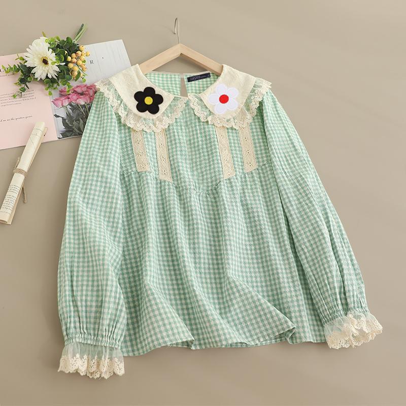 

ZANZEA Жіноча повсякденна блуза з довгими рукавами в клітку з коміром для ляльок S зелений