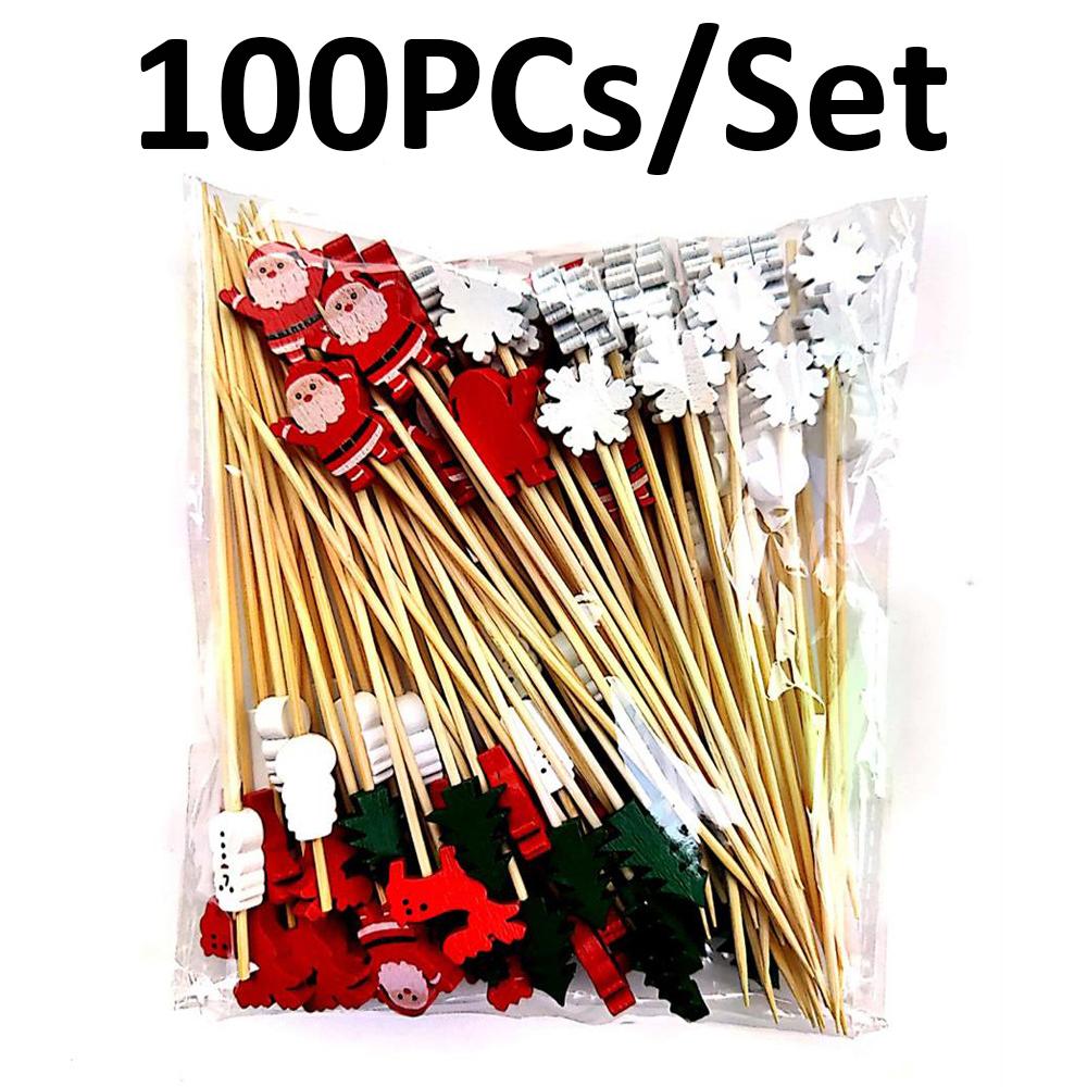 Christmas Decorations Xmas Tree Bamboo Pick Buffet Fruit Fork Party Dessert Stick Cocktail Skewer Disposable Toothpick 50Pcs