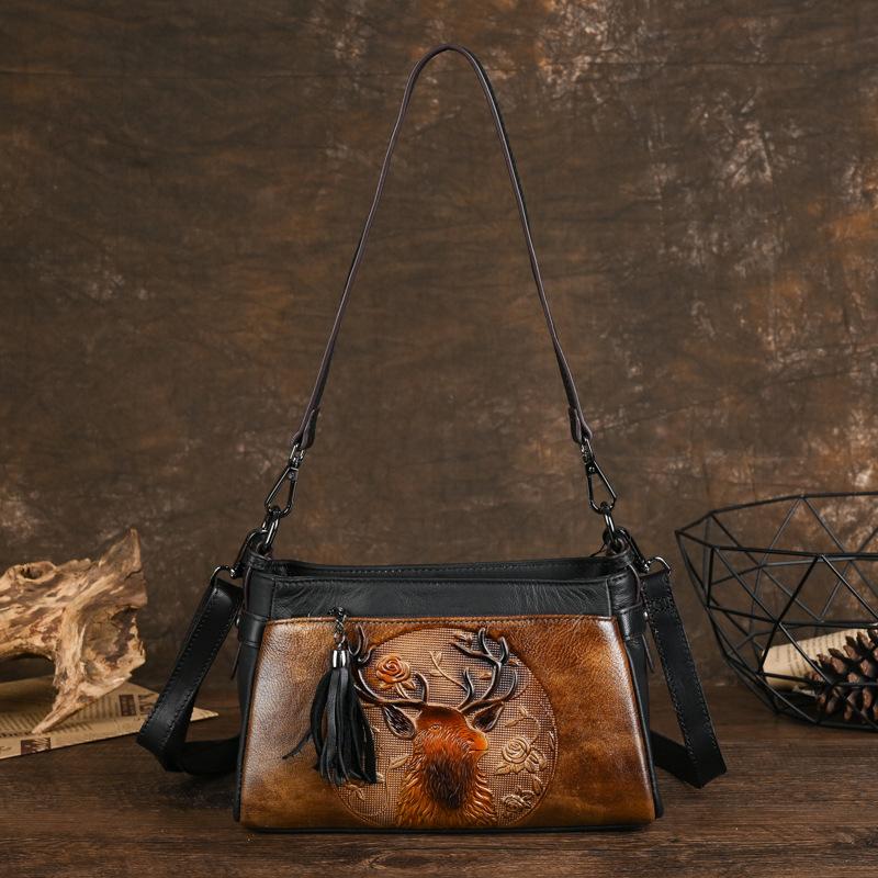 New Women's Genuine Leather Shoulder Bag, Retro Crossbody Bag, Top Layer Cowhide, Chinese Style Mother Bag, Casual Qipao Women's Bag