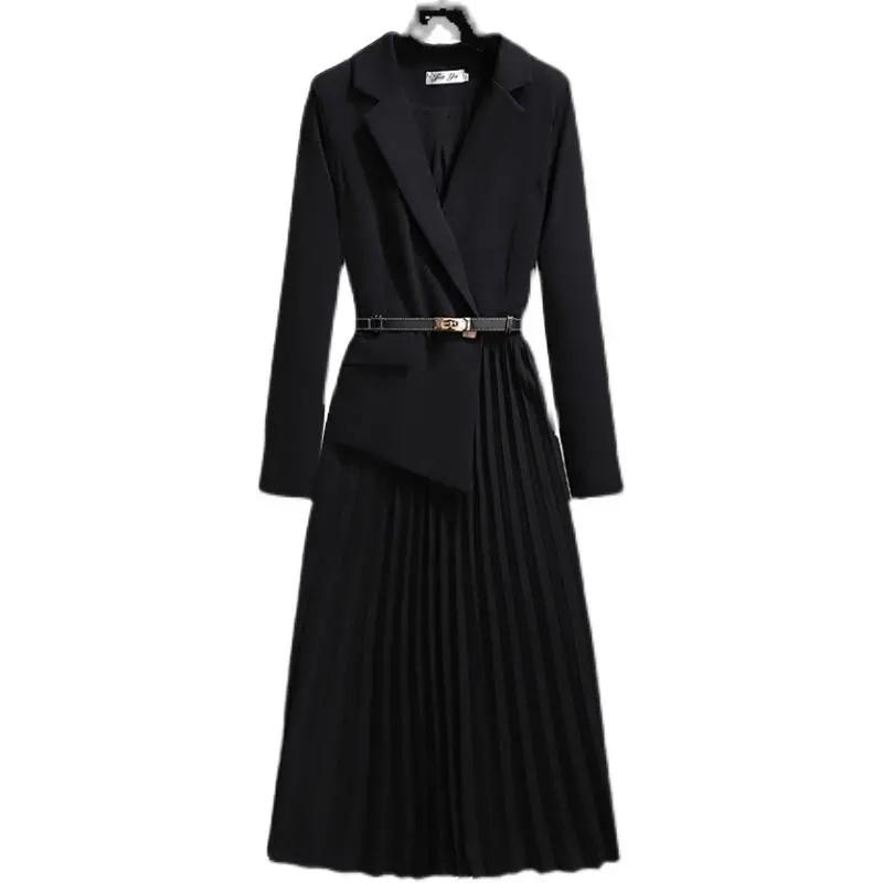 Wiosna Jesień Sukienki Damskie Moda Garnitur Kołnierz Przeszycia Fałszywe Dwuczęściowe Elegancka Damska Długa Sukienka Biurowa Vestidos