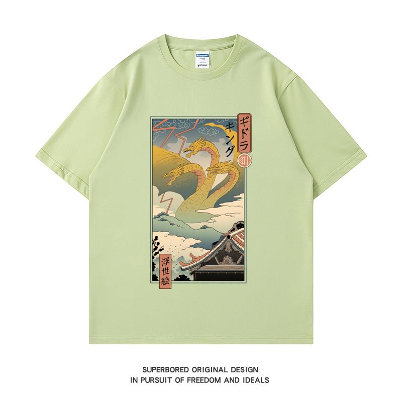 

220GSM Тяжелая футболка из 100% хлопка Футболка Monster Zero Ukiyo E с принтом Мужская повседневная футболка с круглым вырезом Базовые мужские футболки