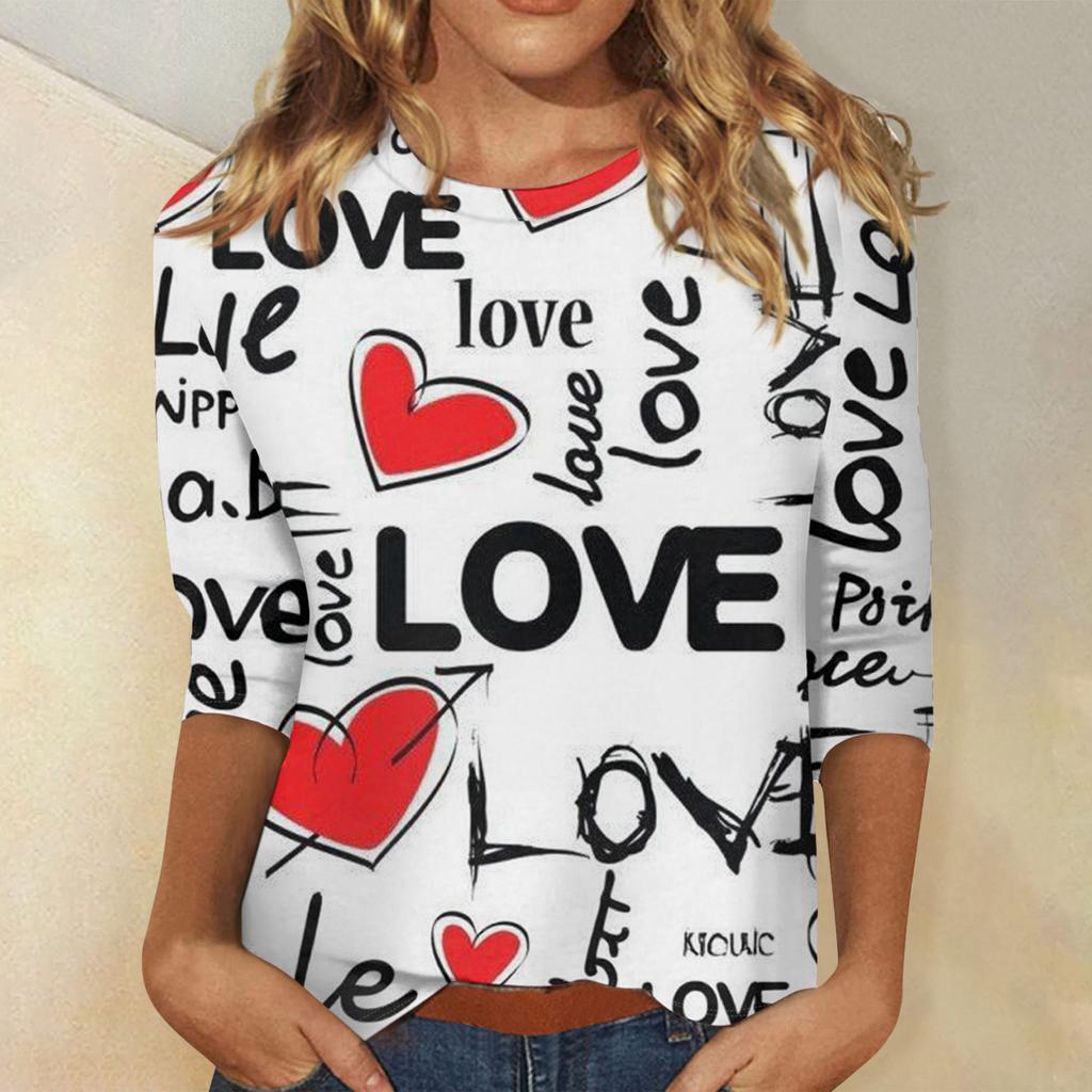 Damen Valentinstag Print Mode Lässig 3/4 Ärmel Rundhals Oberteil
