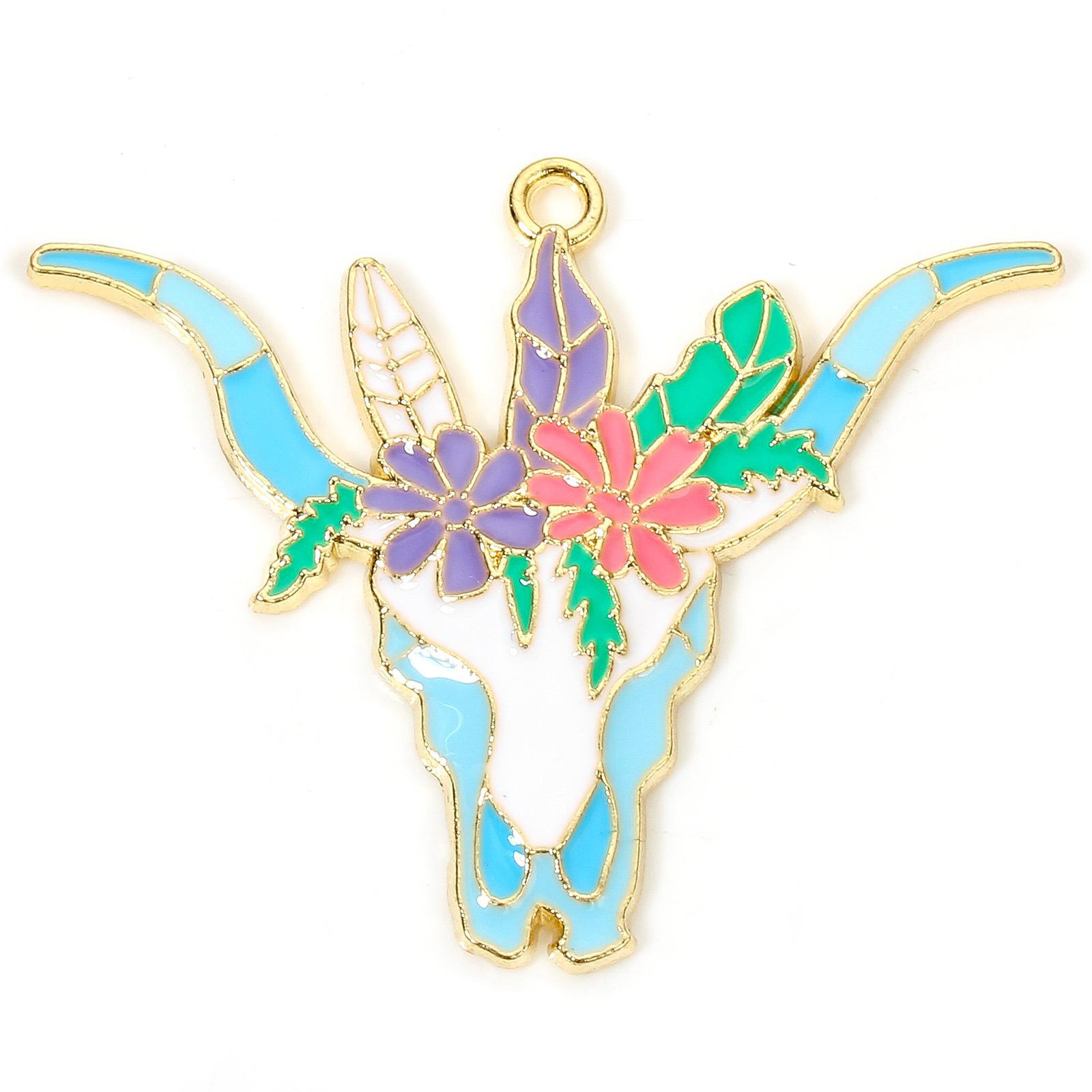 

5 PCs West Cowboy Pendants Bull Head/ Cow Head Flower Leaves Enamel Zinc Based Alloy Charms For DIY Jewelry Making 4.6cm x 3.4cm