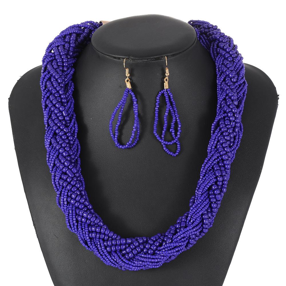 Bohemian Style European Colorful Multi-layer Rice Beads Handmade Woven Necklace Earrings Set