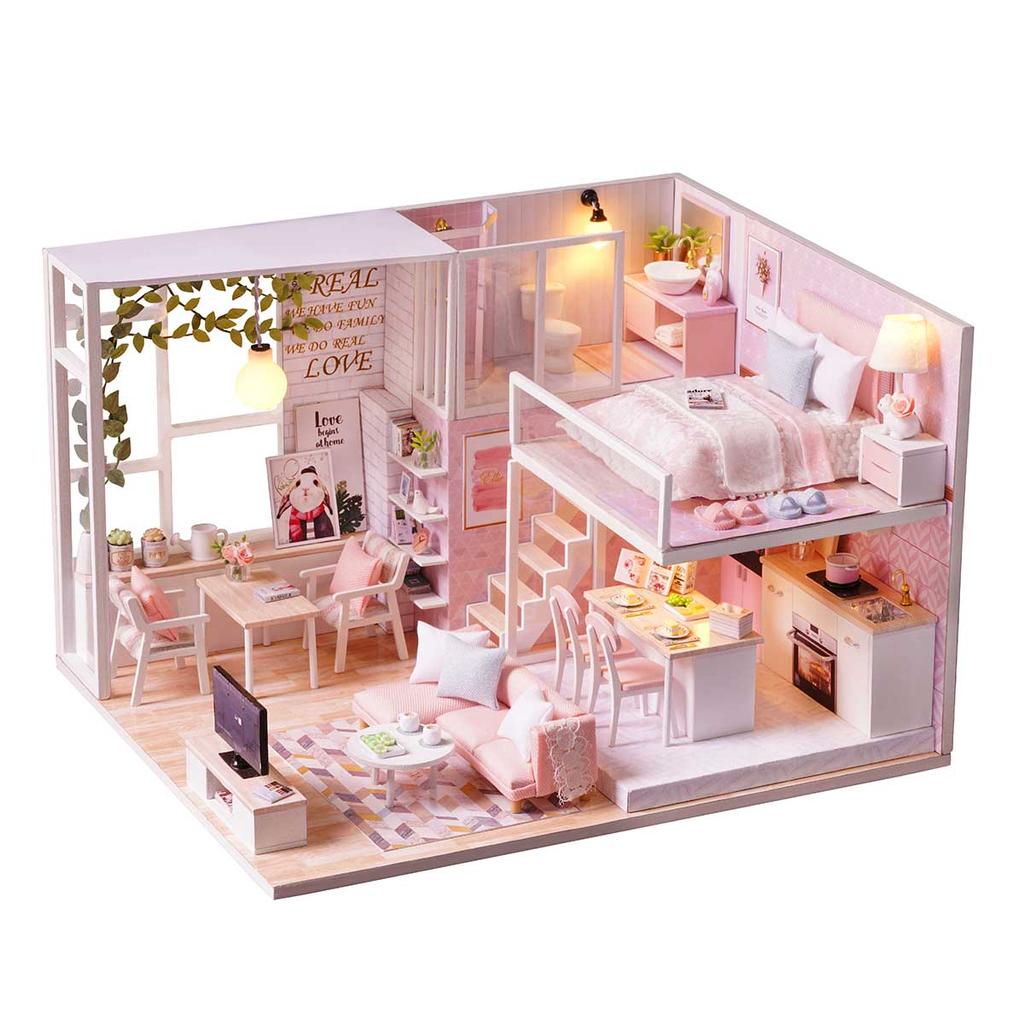 Details about / DIY LED Loft Apartment Mini Dollhouse Wooden Furniture Kit Doll Home House Model
