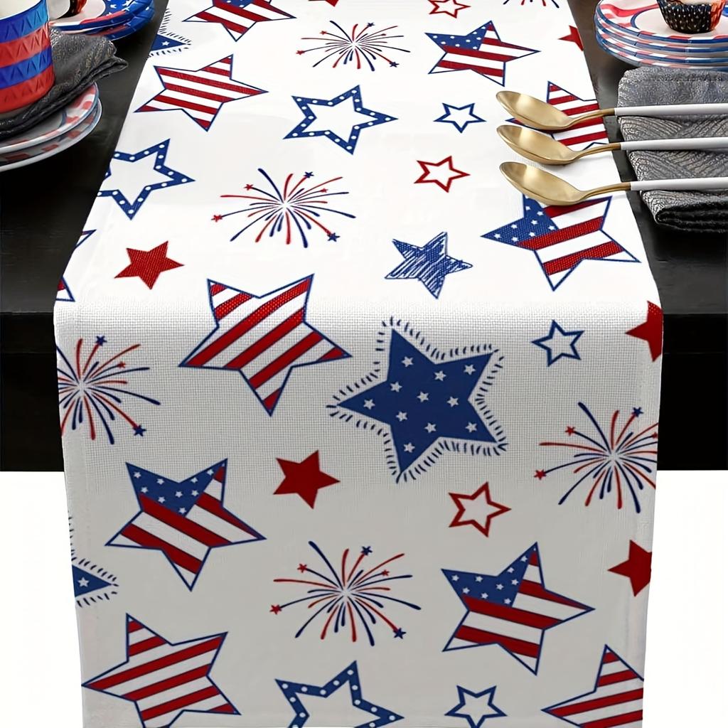 1pc 4th of July Vintage Star Table Runner, Premium Linen 2D Print, Decorative Table Cover for Living Room & Patio, American Flag
