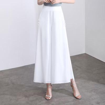 Chiffong Culottes med Sidosprund: Sommarstil 2025, Elastisk Midja, Lösa Vida Ben Casual Byxor