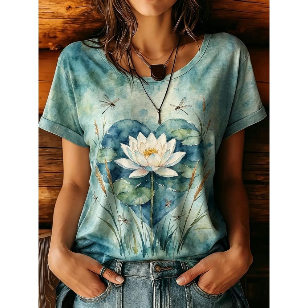 Women's Yellow Tie-Dye Sunflower Butterfly Print Round Neck T-Shirt Short Sleeve Casual Tops for Spring Summer