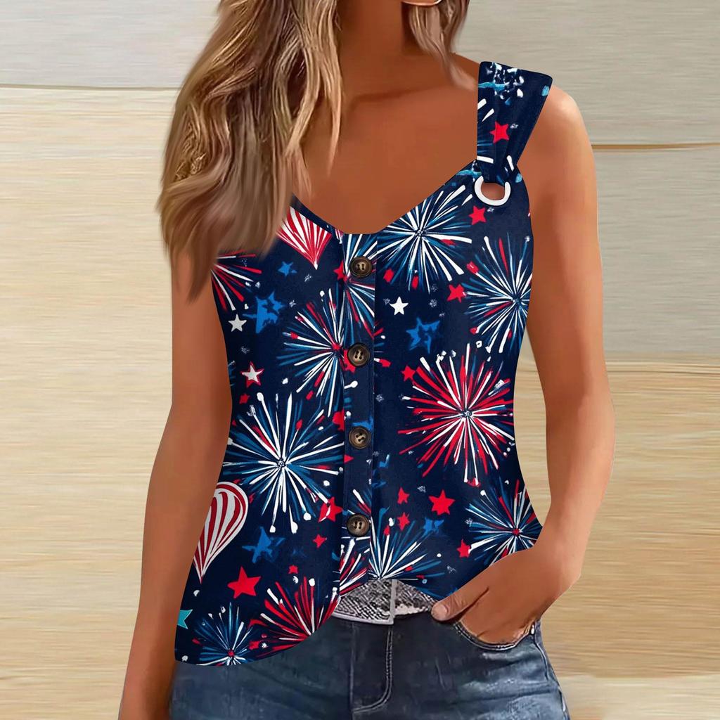 Women's Fashion Casual Loose Sleeveless Buttoned V-Neck Independence Day Printed T-Shirt Top