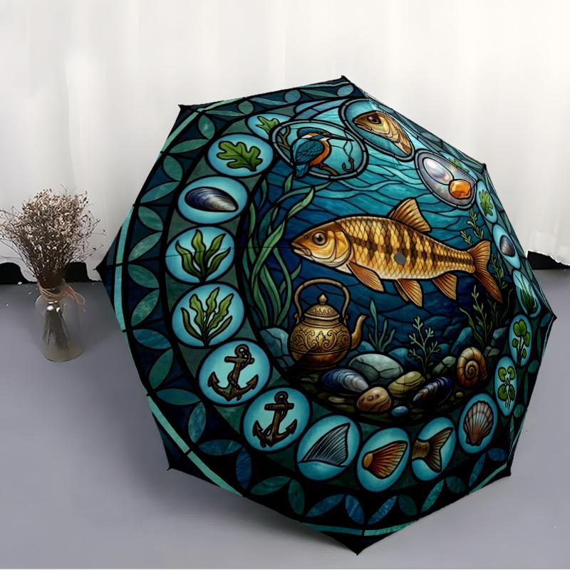 Marine Life Glass pattern umbrella, portable and foldable design, 8 ribs, a casual accessory for Halloween, Christmas, and birthday gifts.