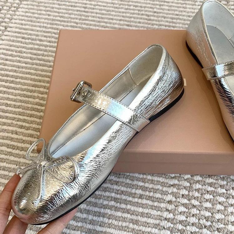 Sheepskin version~ French design belt buckle flat bottom shallow mouth single shoes women's bow round head Mary Jane shoes women's shoes