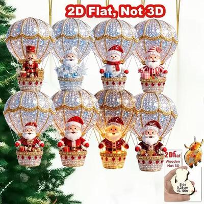 Hot Air Balloon Santa Claus Christmas Ornaments 8Pcs 2D Flat Wooden Pendants for Party Home Xmas Tree Decor