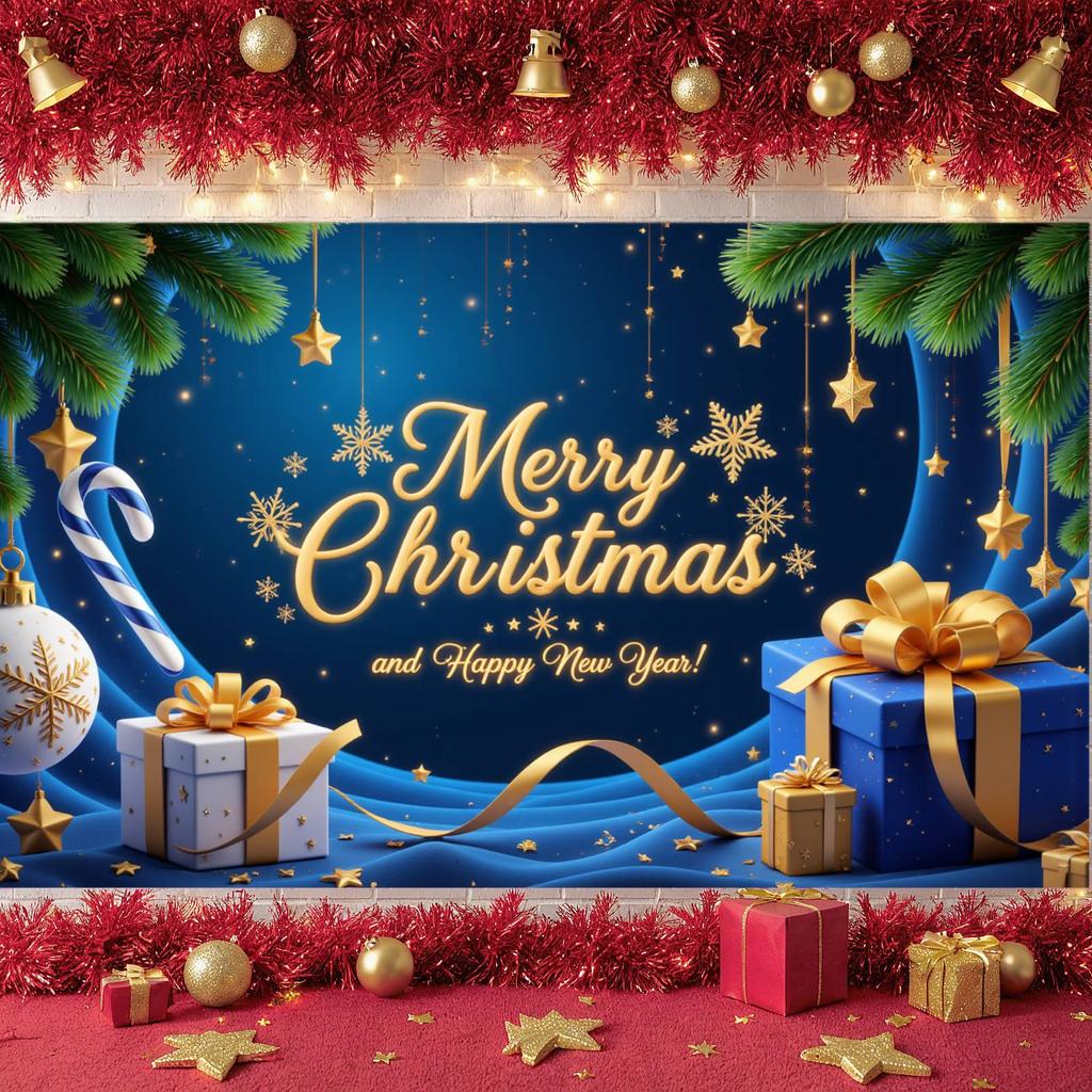 Happy New Year Banner Gold Letters Merry Christmas Banner New Year Banner Snowflakes Christmas Decoration For Mall Decoration