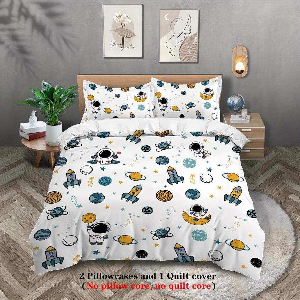 Three-Piece Space Astronaut Pattern Printed Duvet Set Suitable For Children'S Bedroom Decoration