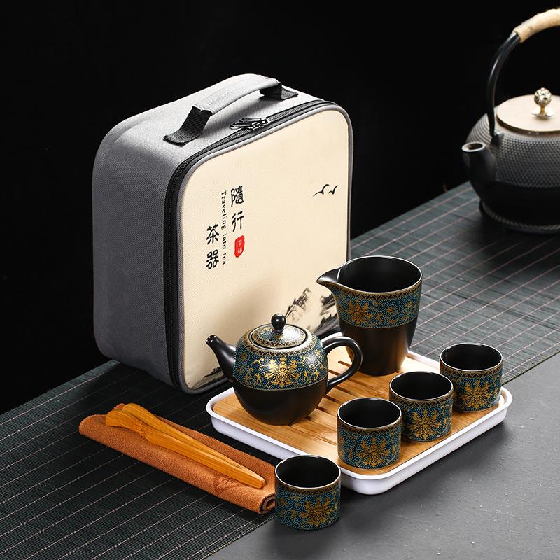 Pile flower gilt whole set Kung Fu tea set Portable travel tea set Business enterprise Company event gift set
