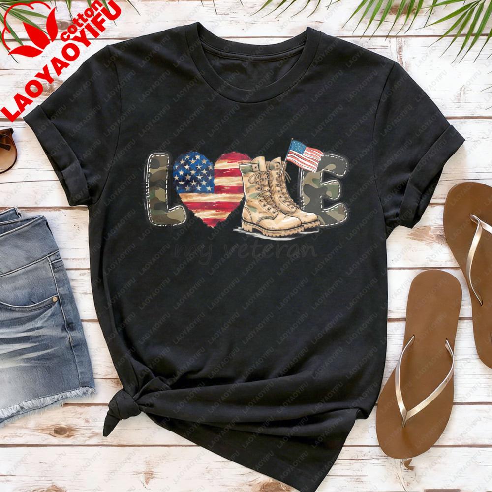 Love My Veteran Shirt Patriotic American Flag Tees Vintage Print Women Clothes Round Neck Tshirt Veteran Creative Gift