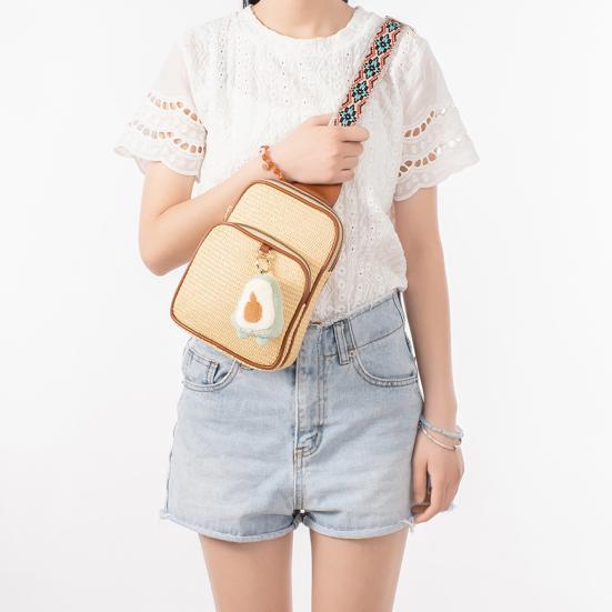Women Crossbody Pack Straw Woven Chest Bag with Ethnic Strap Boho Shoulder Bag Crossbody Purse for Travel Vacation Street