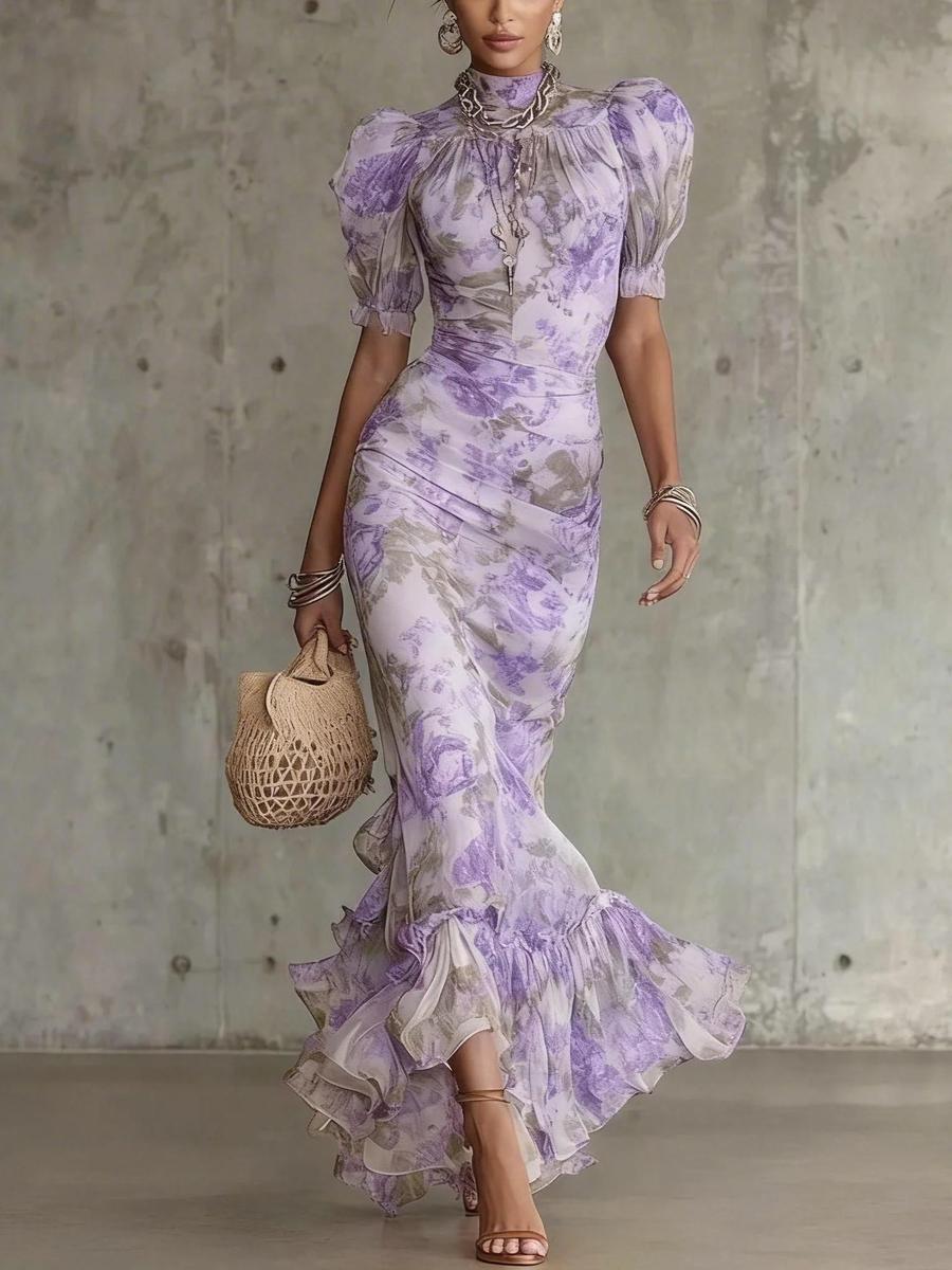 

Spring New Sexy Mesh Printed Casual Loose Fit Tailored Dress for Women XXL фіолетовий
