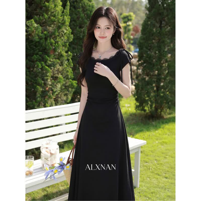 French Lace Black Hepburn Style Midi Dress L