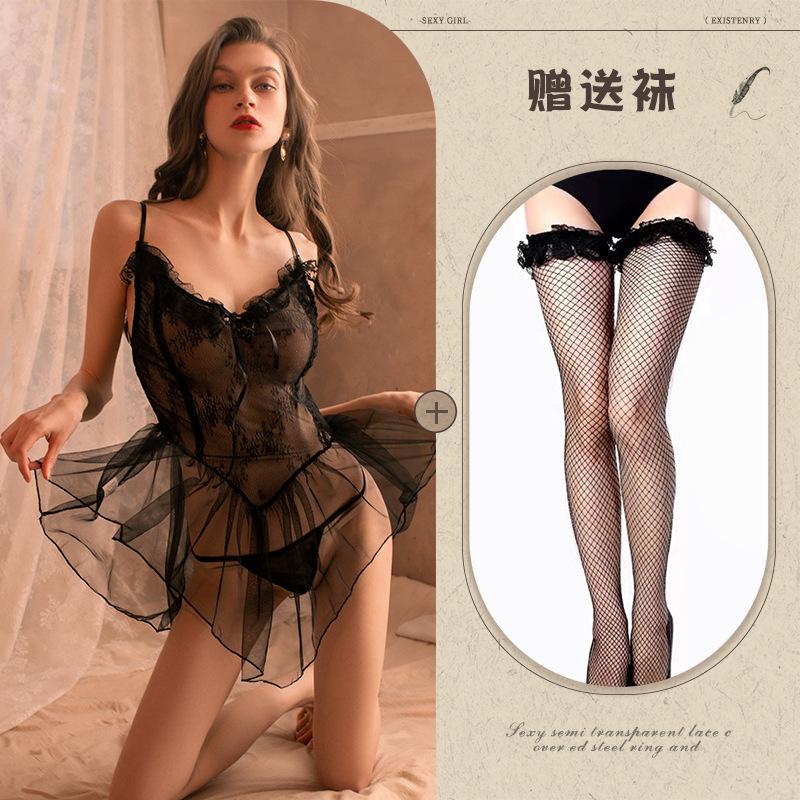 Large Size Sexy Lingerie Suspender Lace Pajamas Women's Perspective Mesh Seduction Passion Hot Suit