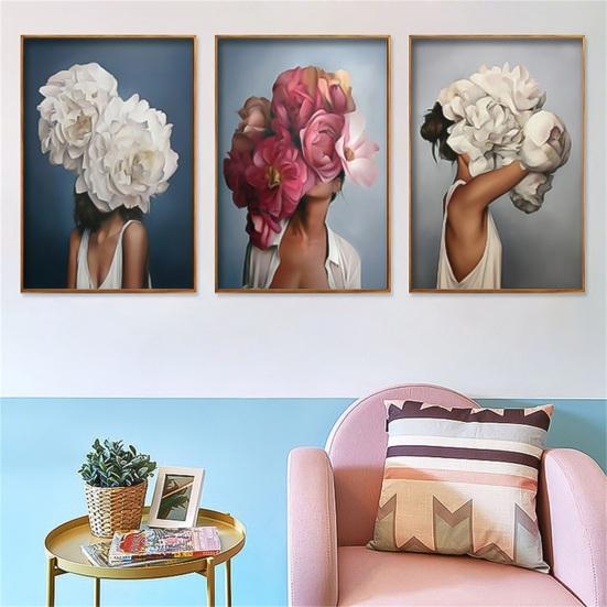 3 szt. Dekoracje ścienne kwiaty pióra bezramowe minimalistyczny design płótno kobieta wzór artystyczny obraz dla domu