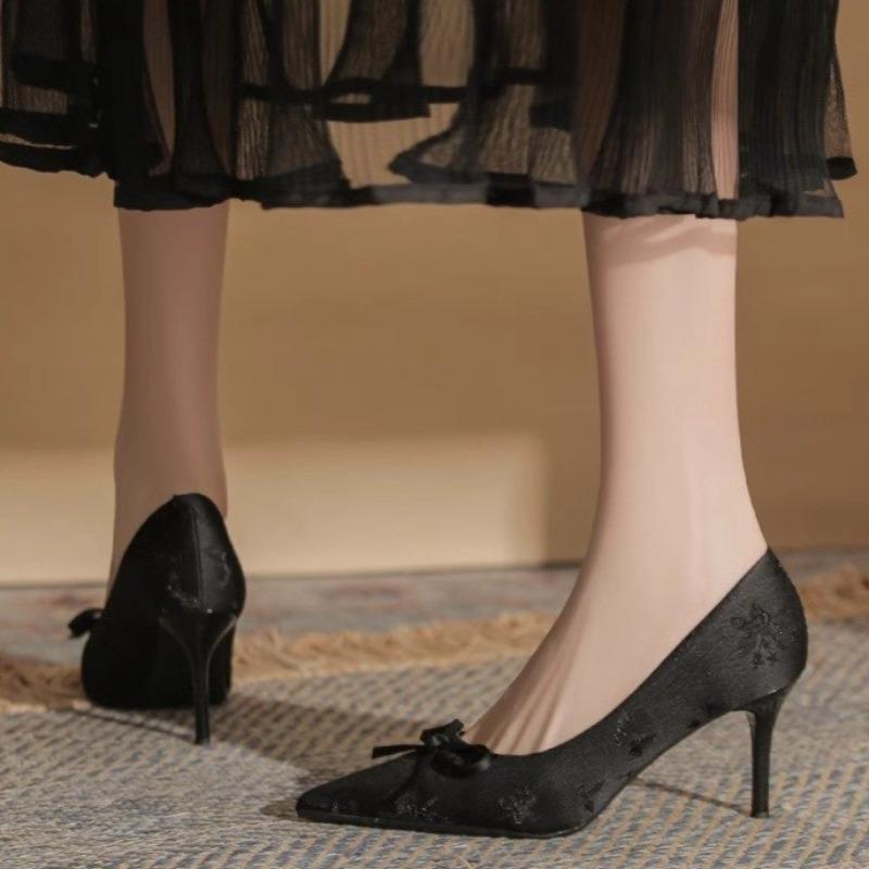 Fashion Spring New Thin Heel Single Shoes Women's Pointed Head Satin Shallow Mouth Butterfly Knot Anti-slip Wear-resistant High Heels