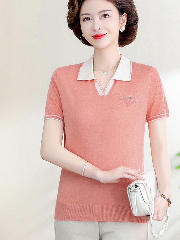 Stylish Embroidered Ice Silk Polo Shirt: Women's Color Block Short Sleeve Summer Tee