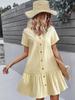 Abito estivo corto casual in cotone e lino per donna, scollo a V, ruches, manica corta, abito corto, moda da donna, abiti larghi con bottoni