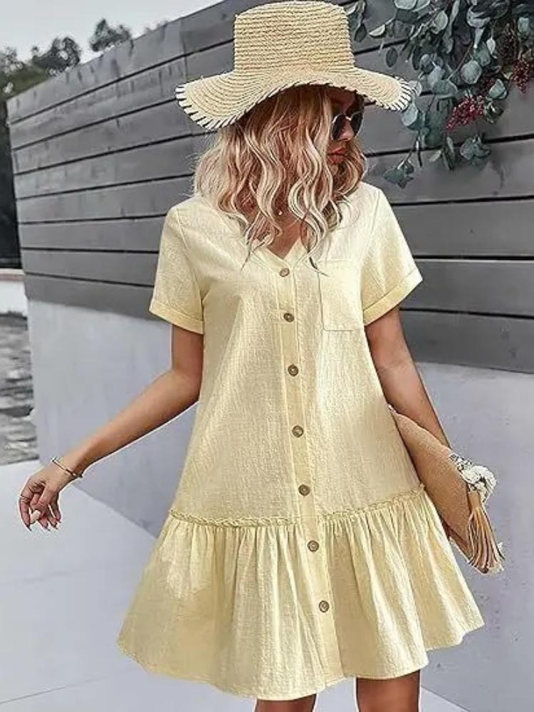 Abito estivo corto casual in cotone e lino per donna, scollo a V, ruches, manica corta, abito corto, moda da donna, abiti larghi con bottoni