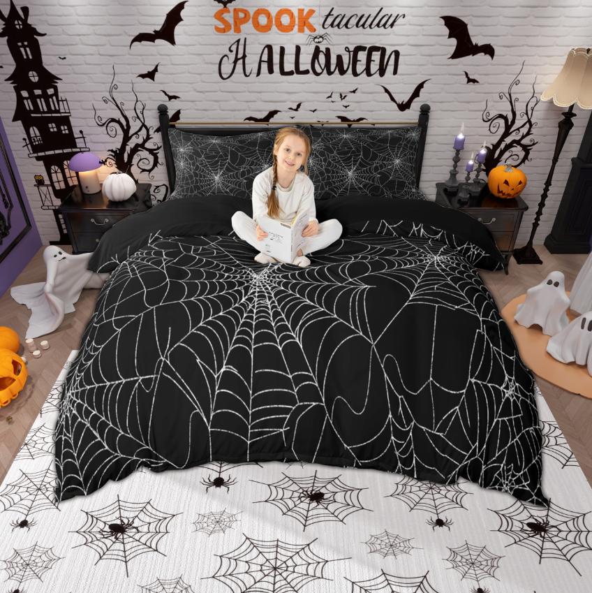 Homewish Spider Web Duvet Cover Set, Happy Halloween Theme Bedding Set, Reversible Comfoter Cover Set