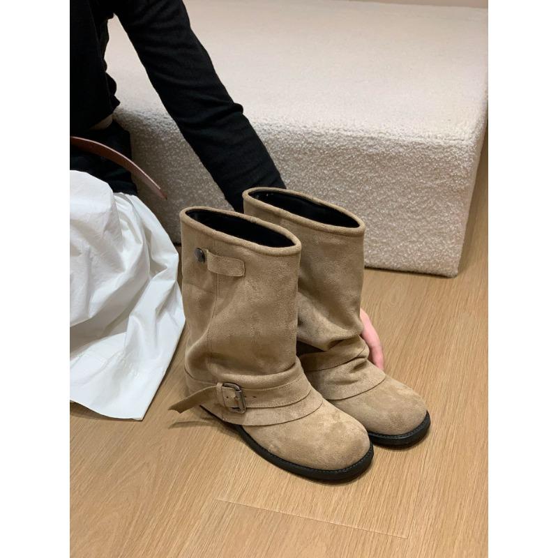 Western Round Head Thick Heel Short Boots Women's Autumn and Winter New Retro Martin Boots Short Flat Heel Trouser Tube Boots
