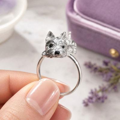 Hand-Engraved Puppy Ring with Rhinestone Inlay Polished Alloy Finish Finger Ring