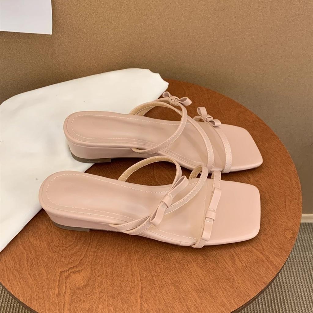 Wedge Heel Slippers Women's New Temperament Bow One-word Sandals Fairy Thick-soled Beautiful Sandals