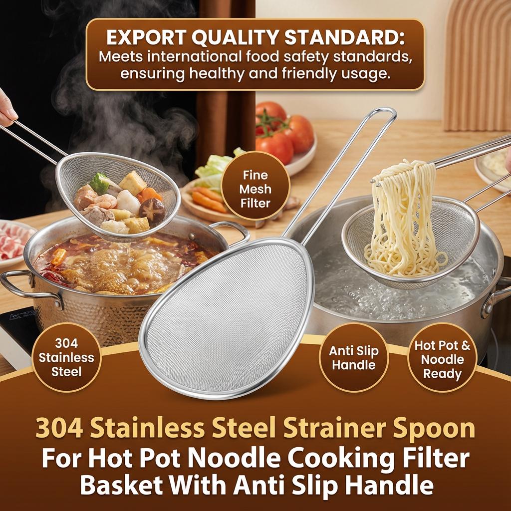 304 Stainless Steel Strainer Spoon For Hot Pot Noodles Cooking Filter Basket With Anti Slip Handle
