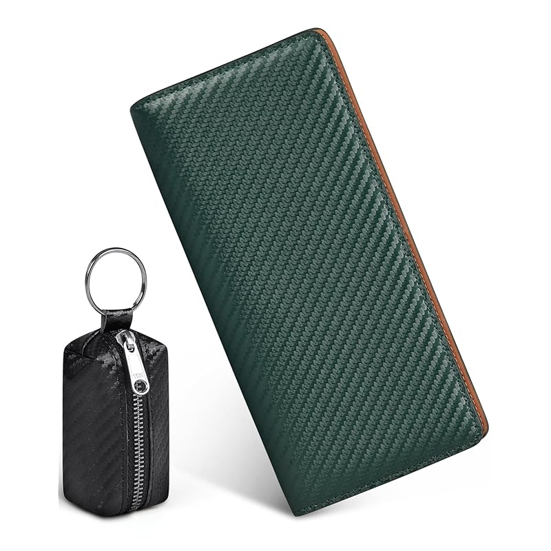 

[RAINSMORE] wallet men s long wallet large capacity carbon leather 4 billfolds Holds 13 cards With coin purse mens wallet light green