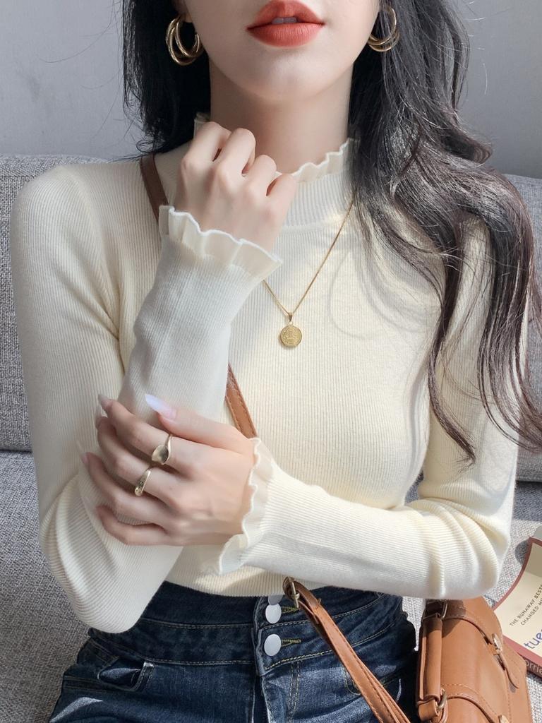 Lace lace inner top spring semi-turtleneck knitted sweater women's solid color high-end slim-fit bottoming shirt