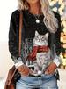Christmas-themed women's snowflake and kitten print round neck long-sleeved T-shirt, festive black and white casual loose top
