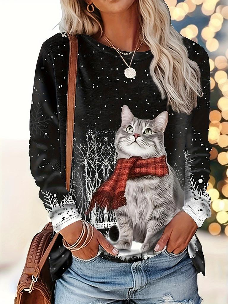 Christmas-themed women's snowflake and kitten print round neck long-sleeved T-shirt, festive black and white casual loose top