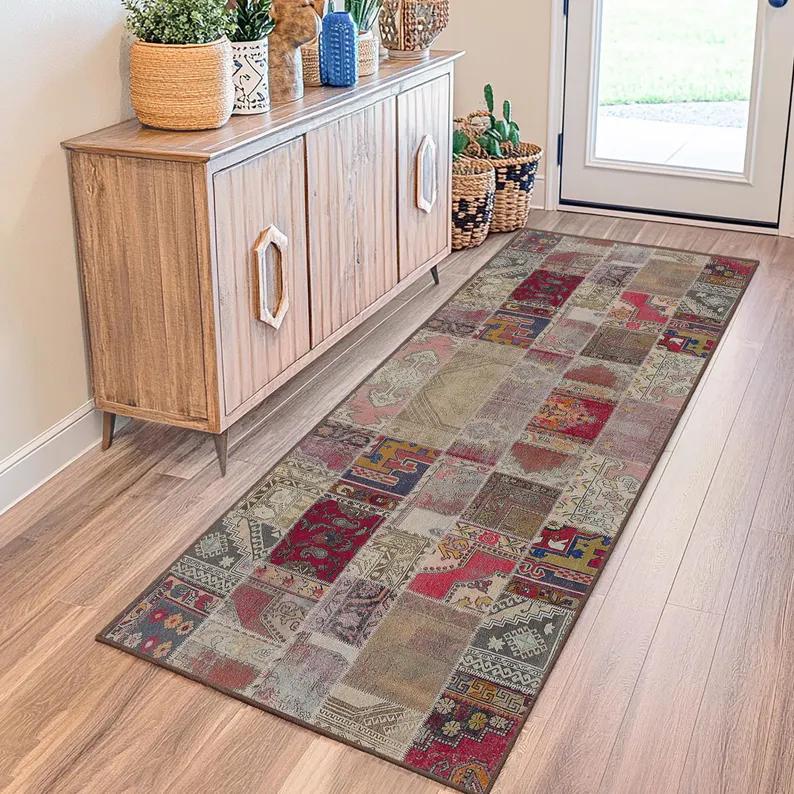 

Vintage Patchwork Hallway Runner Rug Ethnic Geometric Print Retro Color Entryway Carpet Non-Slip Boho Style Home Decor Floor Mat 40X60CM