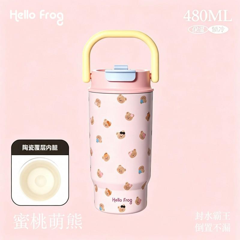Large Capacity Insulated Travel Mug With Straw Lid Ceramic Inner Liner Women Portable Coffee Cup 480ml