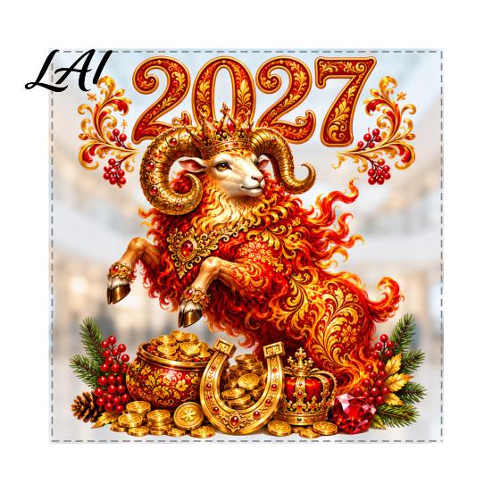 Holiday Window Display Supplies 2027 Red Electrostatic Glass Cling Golden Sheep Sticker with Cornucopia PVC Waterproof Decorative Film for