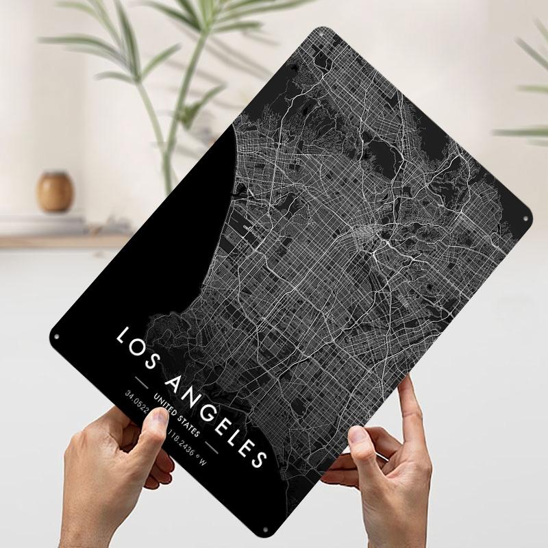 Los Angeles City Map Dark Tinplate Poster Customized Wall Art Vintage Metal Signs Retro Tin Plaque for Desk Decor House Home