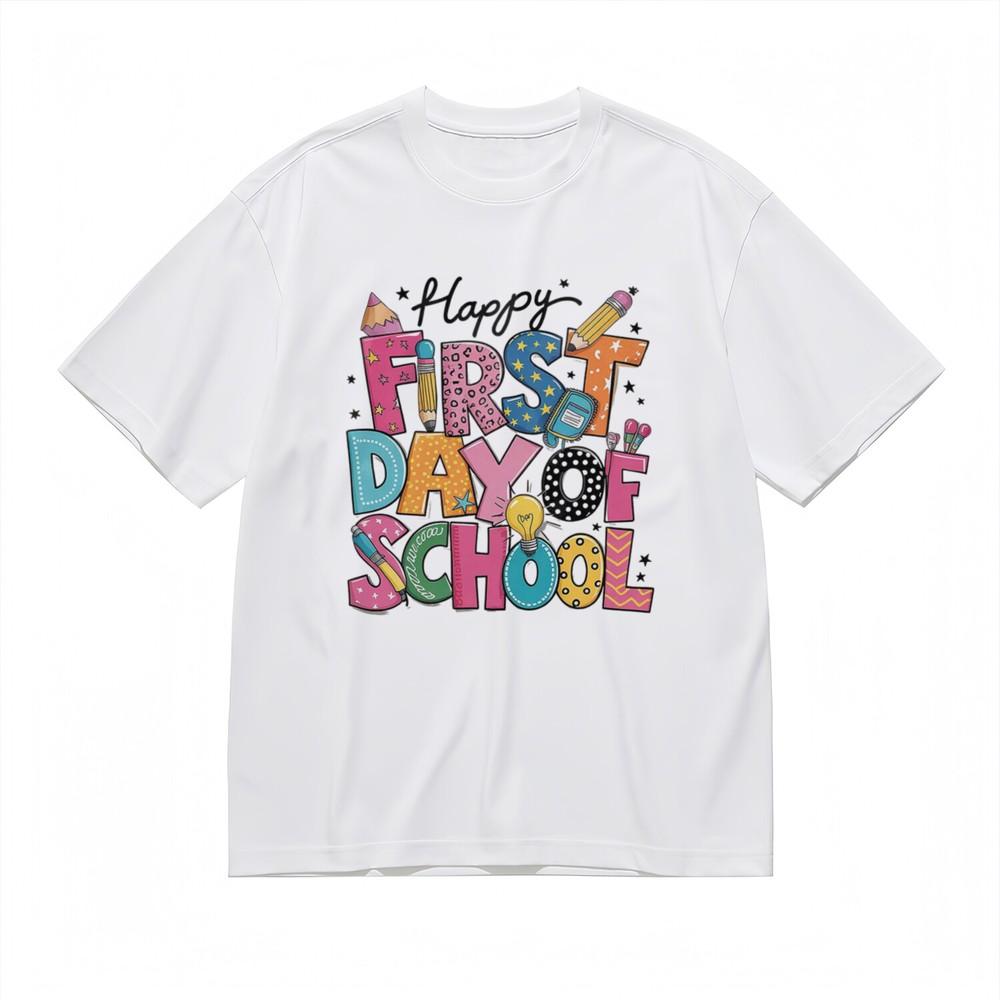 

Женская трендовая мягкая удобная классическая футболка с графическим принтом «Первый день в школе» 4XL