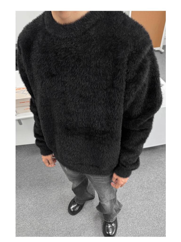 Męski sweter z sztucznego futra norek: Miękki Puszysty Dzianina, Okrągły Dekolt, Długi Rękaw, Swobodny Luźny Krój na Jesień/Zimę